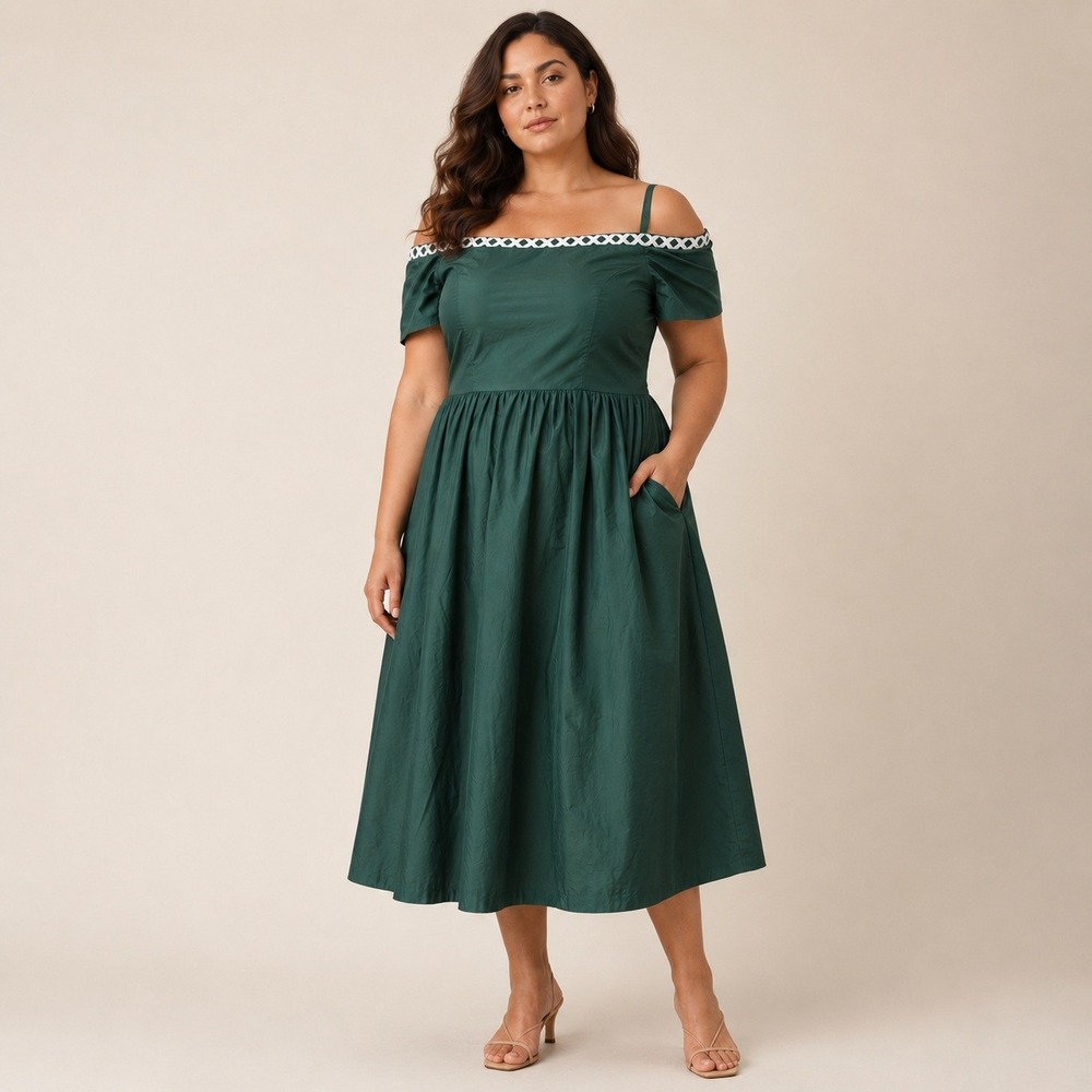 Bianchi Midi Dress Women 14 Green Vtg 80s Raw Silk Feel Boned Off Shoulder Event